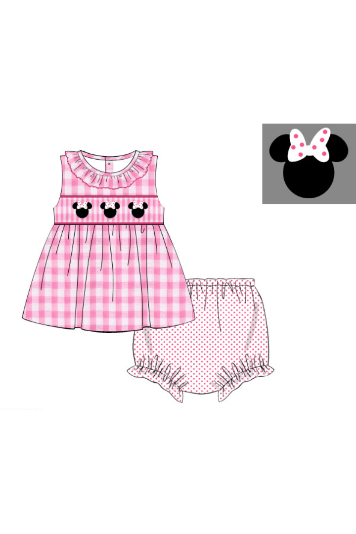 The Smocked Flamingo Apparel & Accessories Smocked Mouse Pink Gingham Seersucker Bloomer Set