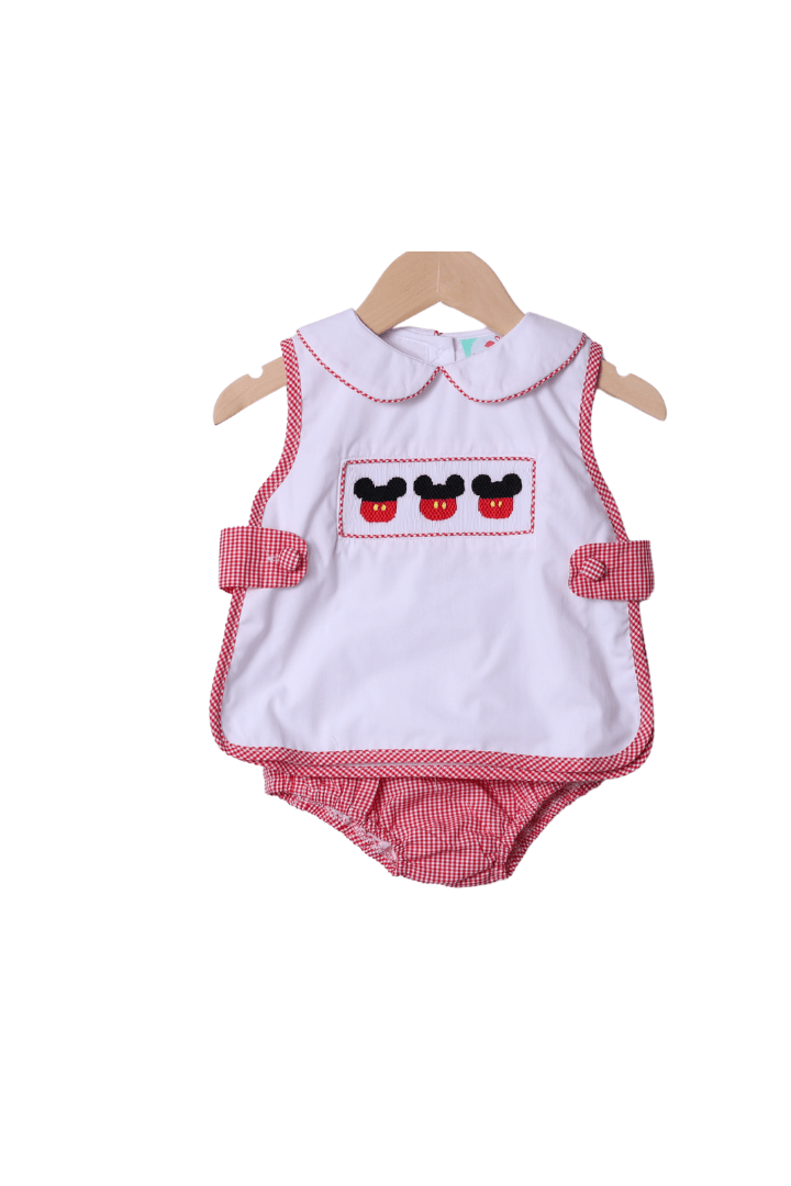 The Smocked Flamingo Apparel & Accessories Smocked Mouse Red Gingham Apron Diaper Set