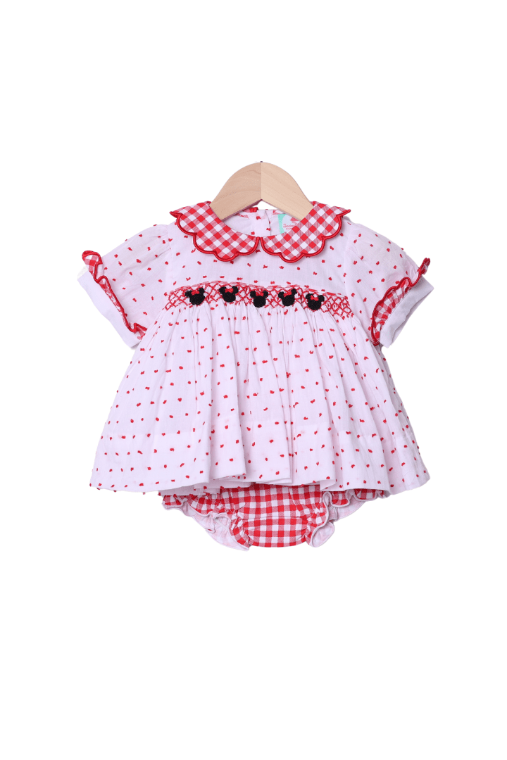 The Smocked Flamingo Apparel & Accessories Smocked Mouse Red Gingham Swiss Dot Bloomer Set
