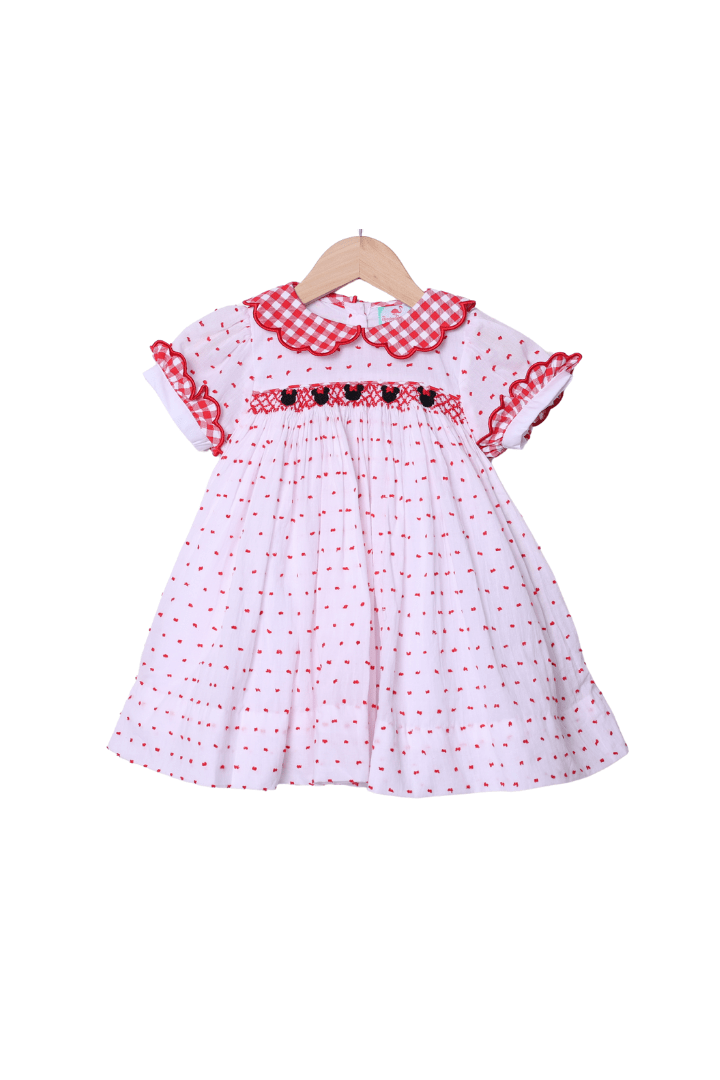 The Smocked Flamingo Apparel & Accessories Smocked Mouse Red Gingham Swiss Dot Dress
