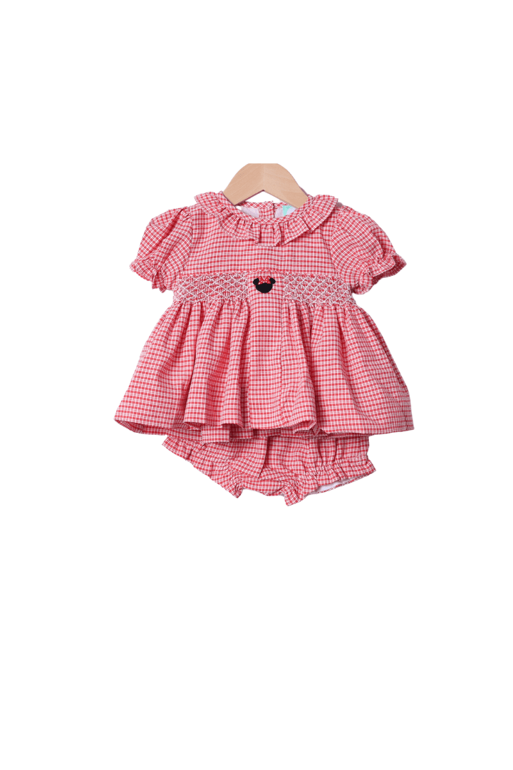 The Smocked Flamingo Apparel & Accessories Smocked Mouse Red Seersucker Bloomer Set