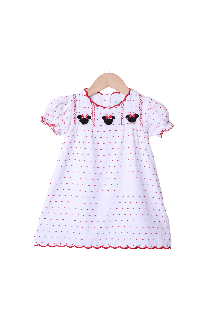 The Smocked Flamingo Apparel & Accessories Smocked Mouse White and Red Swiss Dot Dress