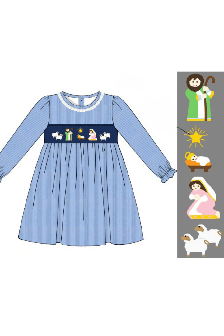 Smocked Nativity Blue Corduroy Dress