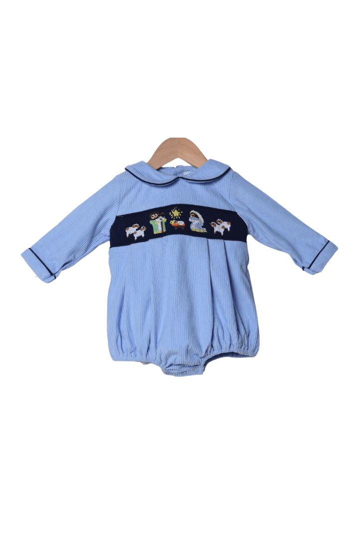 The Smocked Flamingo Apparel & Accessories Smocked Nativity Blue Corduroy Peter Pan Collar Bubble