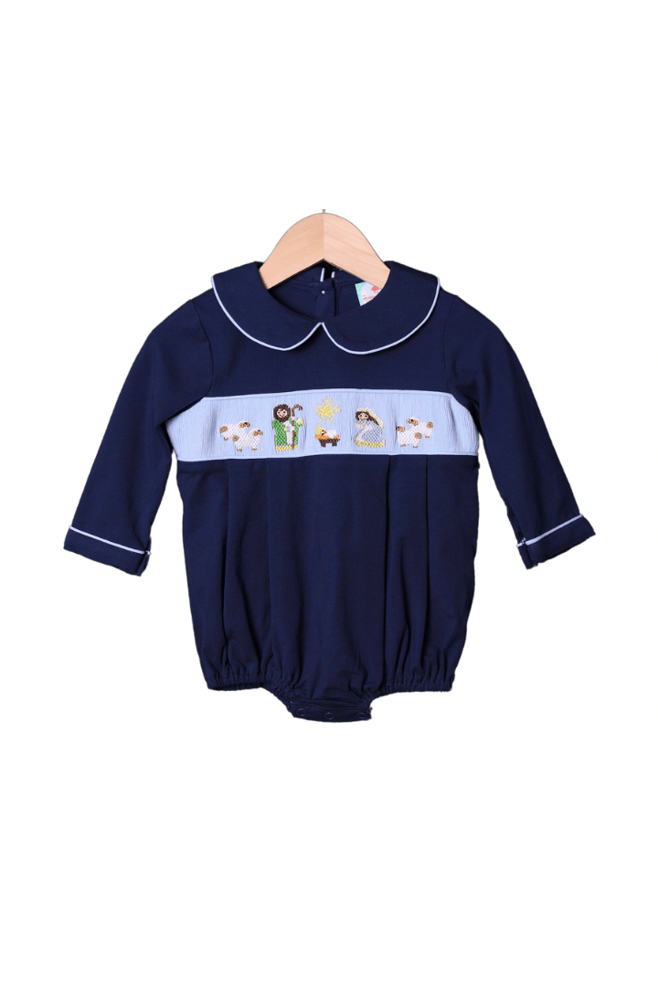 Smocked Nativity Navy Knit Bubble
