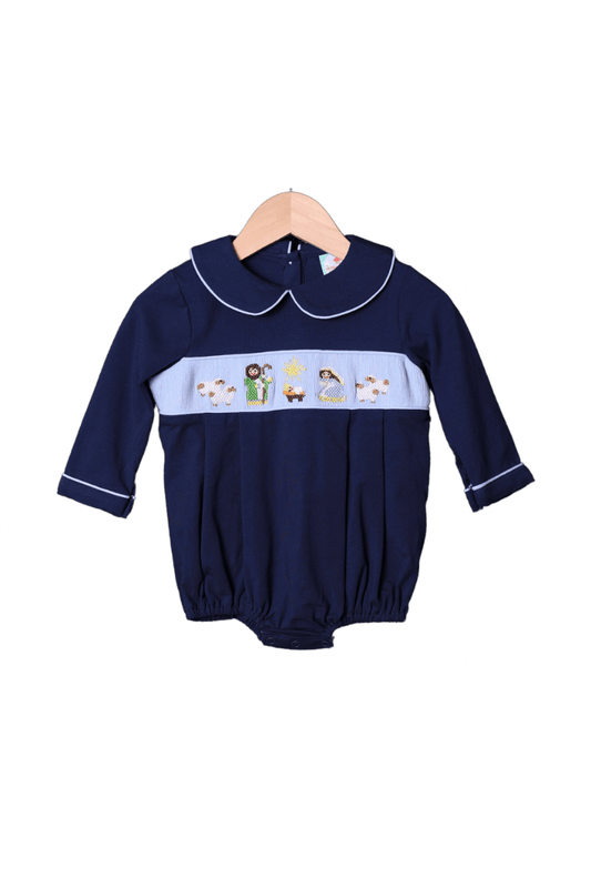 The Smocked Flamingo Apparel & Accessories Smocked Nativity Navy Knit Bubble