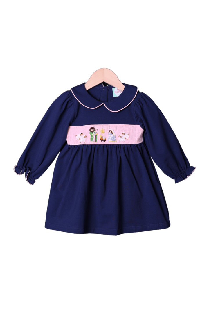 The Smocked Flamingo Apparel & Accessories Smocked Nativity Navy/Pink Knit Dress