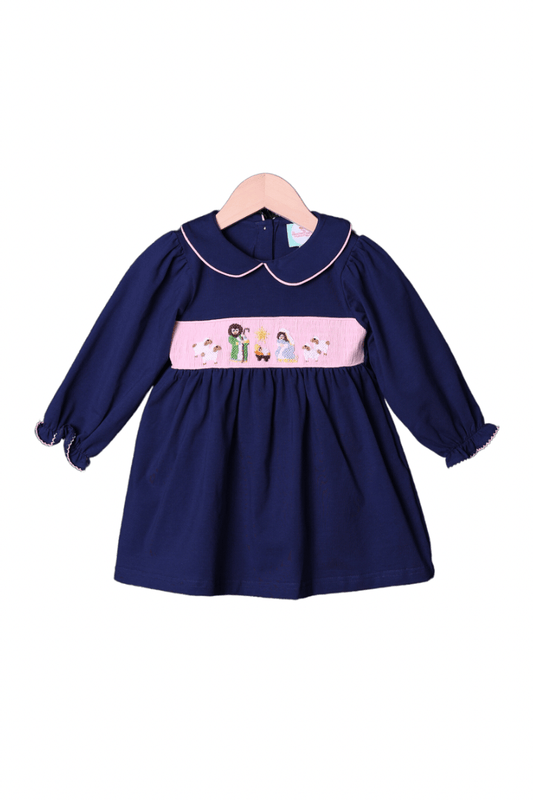 The Smocked Flamingo Apparel & Accessories Smocked Nativity Navy/Pink Knit Dress