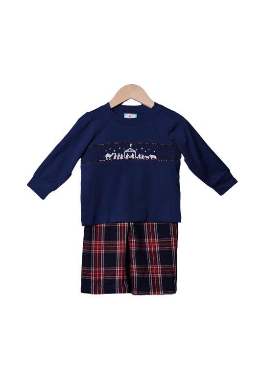 The Smocked Flamingo Apparel & Accessories Smocked Nativity Tartan Pant Set