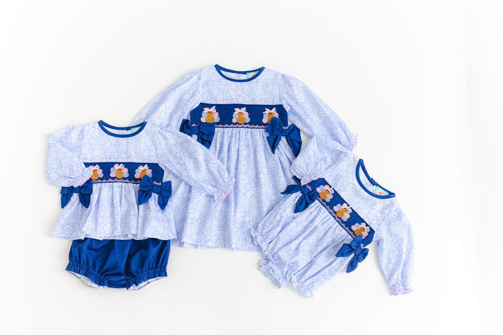 The Smocked Flamingo Apparel & Accessories Smocked Navy Blue Floral Turkey Bloomer Set