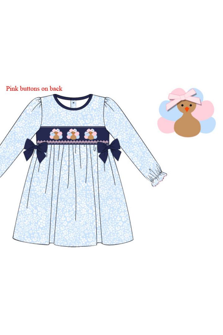 The Smocked Flamingo Apparel & Accessories Smocked Navy Blue Floral Turkey Dress