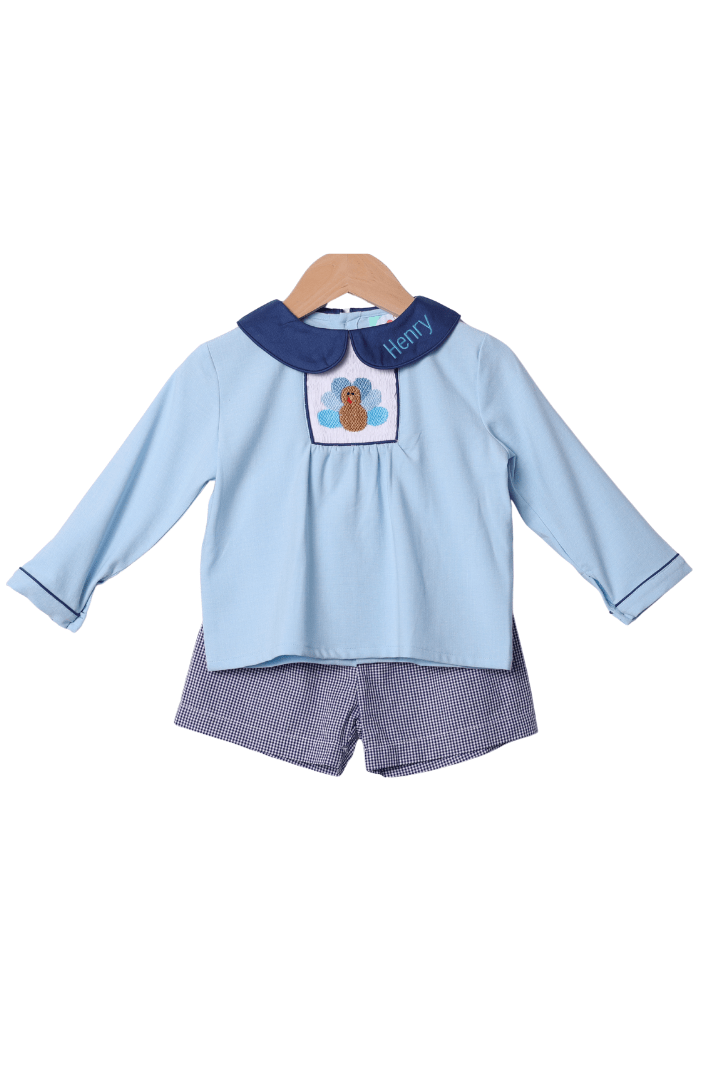 The Smocked Flamingo Apparel & Accessories Smocked Navy Blue Gingham Turkey Short Set