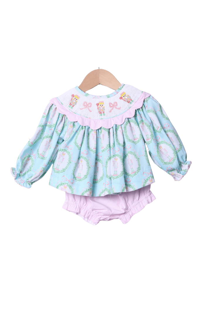 The Smocked Flamingo Apparel & Accessories Smocked Nutcracker Mint and Pink Scalloped Bloomer Set