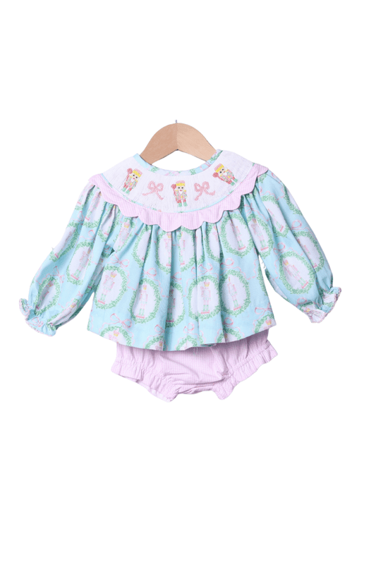 The Smocked Flamingo Apparel & Accessories Smocked Nutcracker Mint and Pink Scalloped Bloomer Set