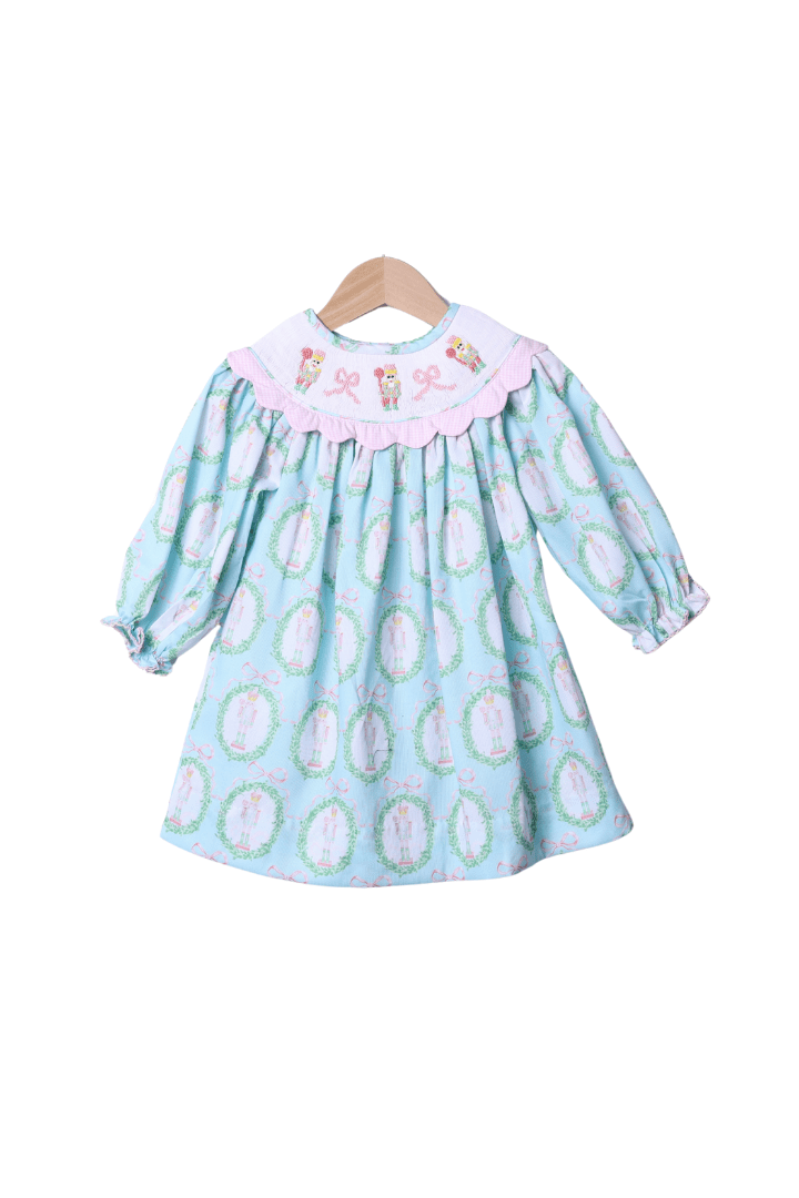 The Smocked Flamingo Apparel & Accessories Smocked Nutcracker Mint and Pink Scalloped Dress