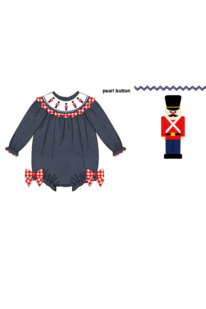 The Smocked Flamingo Apparel & Accessories Smocked Nutcracker Navy Corduroy Gingham Scalloped Bubble