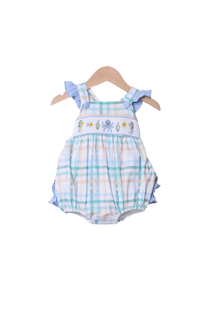 The Smocked Flamingo Apparel & Accessories Smocked Ocean Creature Blue Plaid Ruffle Bubble