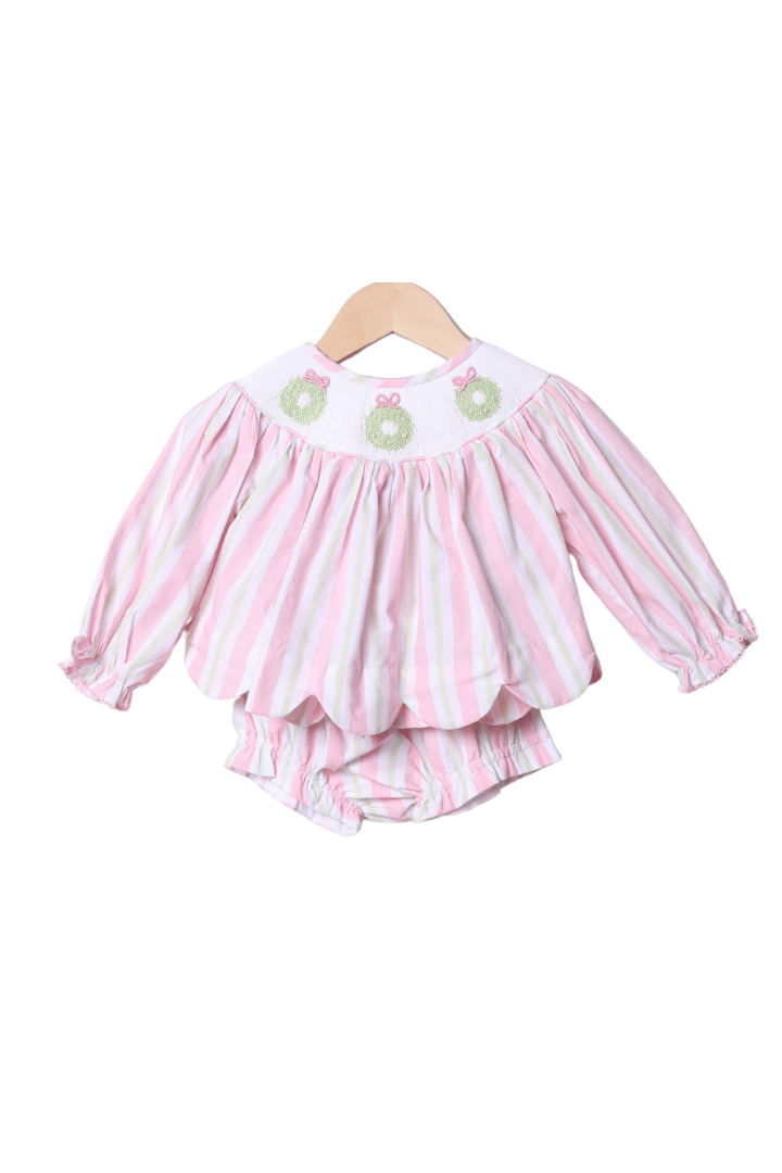 The Smocked Flamingo Apparel & Accessories Smocked Pearl Wreath Pink and Green Stripe Scallop Bloomer Set