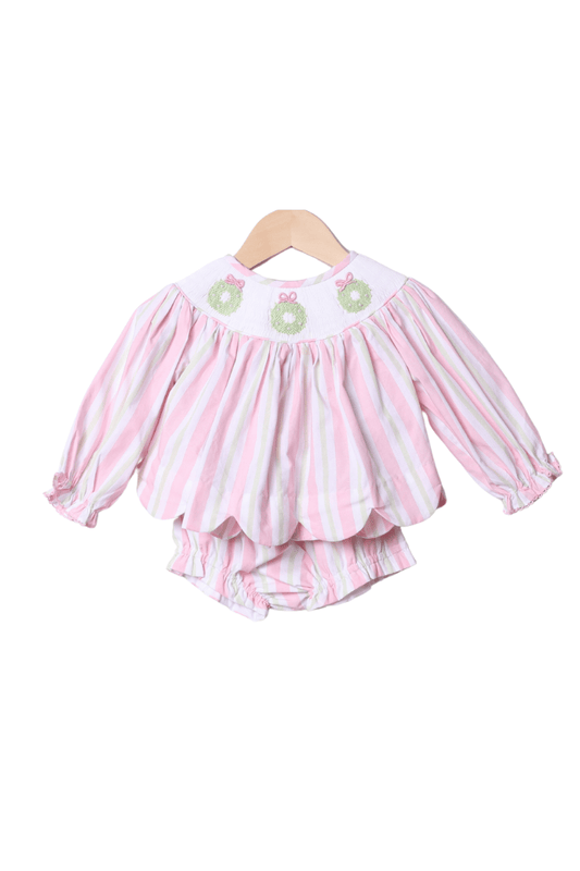 The Smocked Flamingo Apparel & Accessories Smocked Pearl Wreath Pink and Green Stripe Scallop Bloomer Set