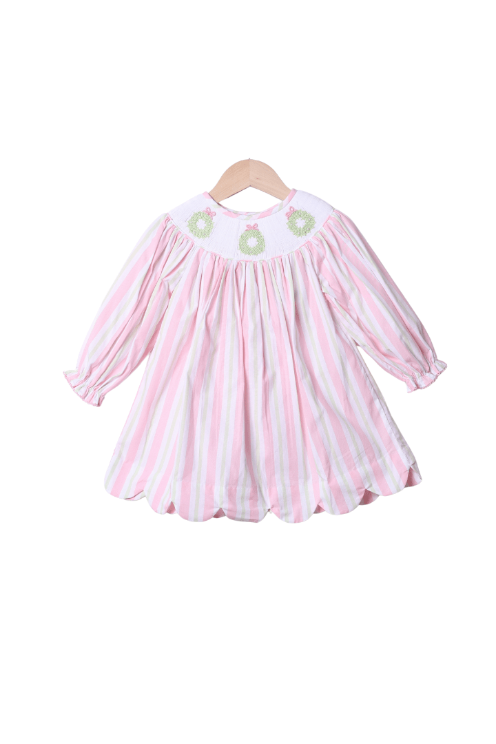 The Smocked Flamingo Apparel & Accessories Smocked Pearl Wreath Pink and Green Stripe Scallop Dress