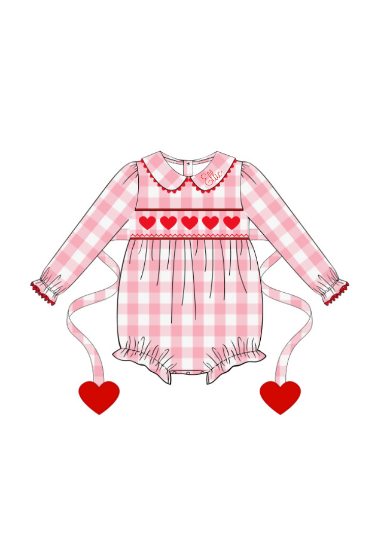 The Smocked Flamingo Apparel & Accessories Smocked Pink Gingham Heart Tie Bubble