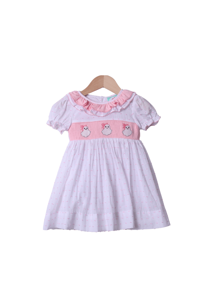 The Smocked Flamingo Apparel & Accessories Smocked Pink Swiss Dot Bow Ghost Dress