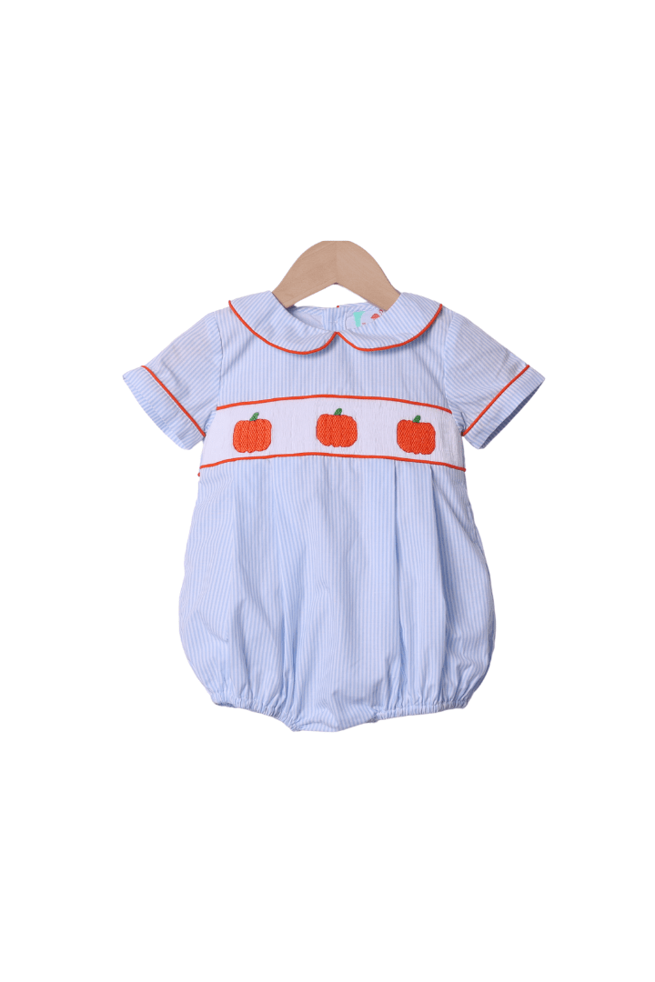 The Smocked Flamingo Apparel & Accessories Smocked Pumpkin Blue Pinstripe Bubble