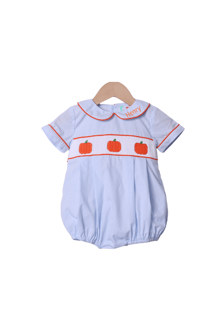 The Smocked Flamingo Apparel & Accessories Smocked Pumpkin Blue Pinstripe Bubble