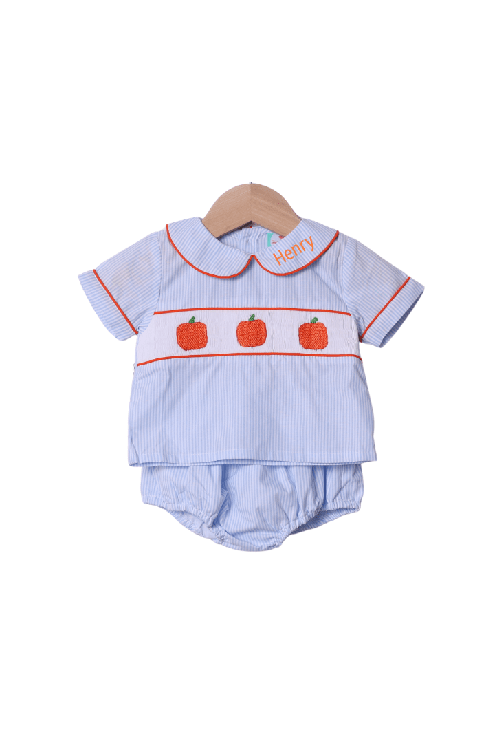 The Smocked Flamingo Apparel & Accessories Smocked Pumpkin Blue Pinstripe Diaper Set