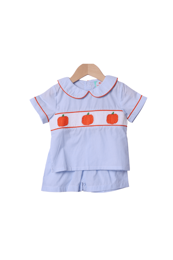 The Smocked Flamingo Apparel & Accessories Smocked Pumpkin Blue Pinstripe Short Set