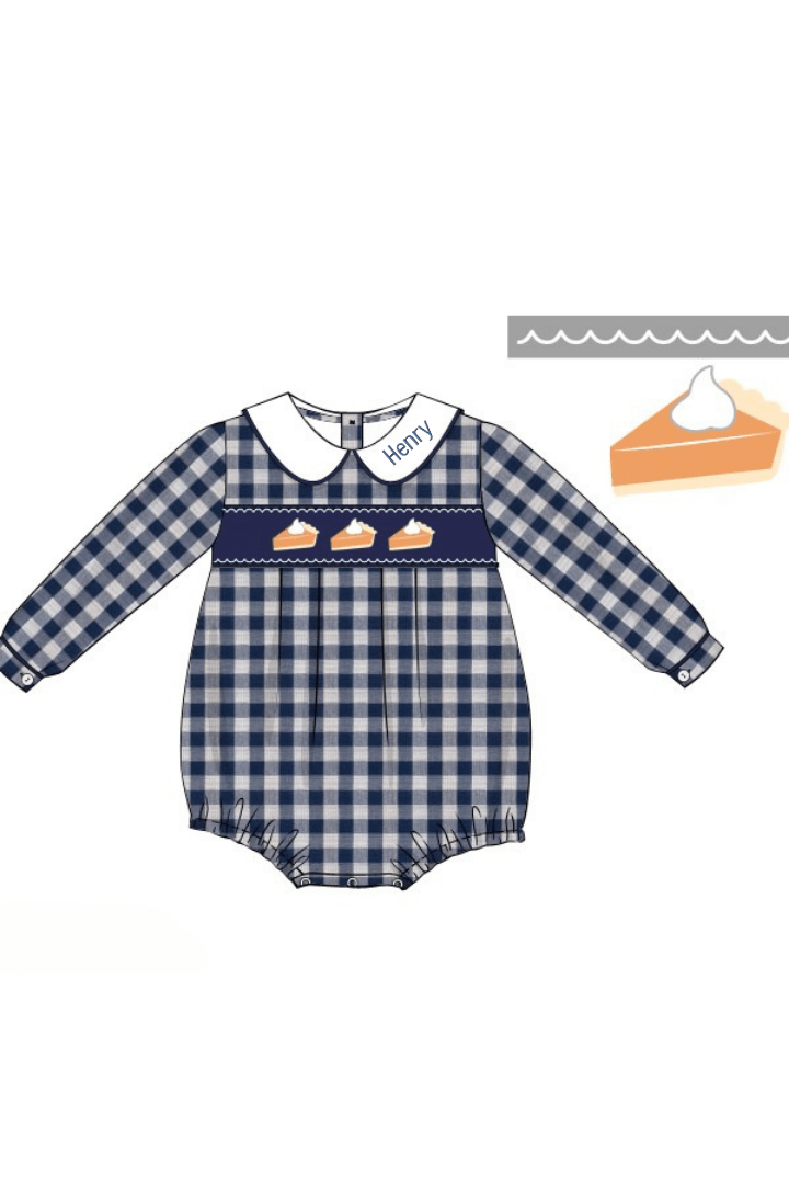 The Smocked Flamingo Apparel & Accessories Smocked Pumpkin Pie Navy Linen Gingham Bubble