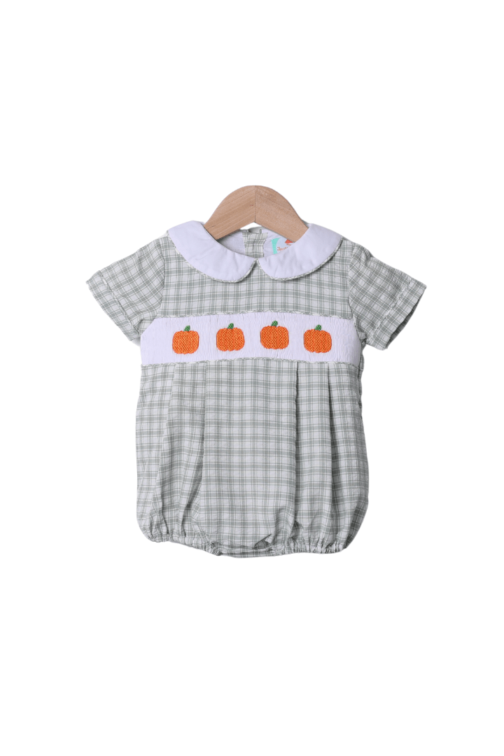 The Smocked Flamingo Apparel & Accessories Smocked Pumpkin Sage Green Windowpane Pumpkin Bubble