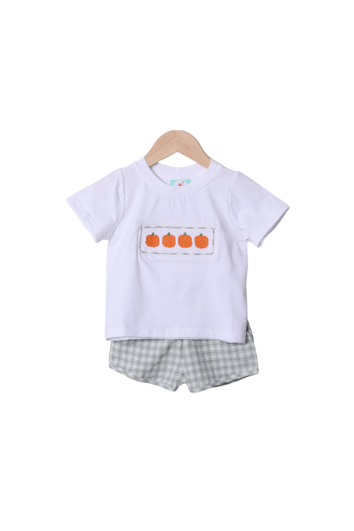 The Smocked Flamingo Apparel & Accessories Smocked Pumpkin Sage Green Windowpane Pumpkin Short Set