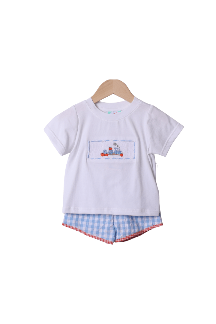 The Smocked Flamingo Apparel & Accessories Smocked Pumpkin Train Short Set