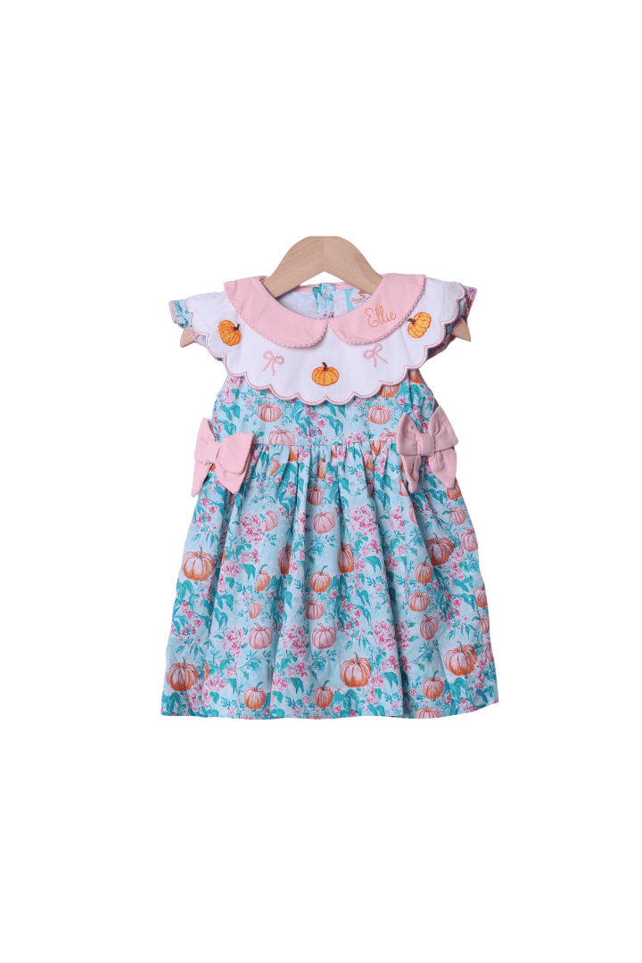 The Smocked Flamingo Apparel & Accessories Smocked Pumpkin Turquoise Bow Dress