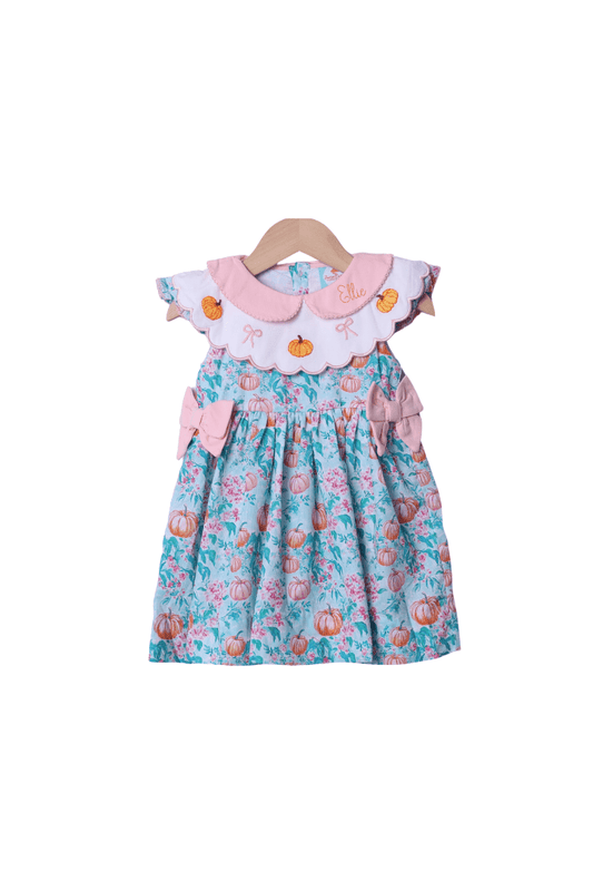 The Smocked Flamingo Apparel & Accessories Smocked Pumpkin Turquoise Bow Dress