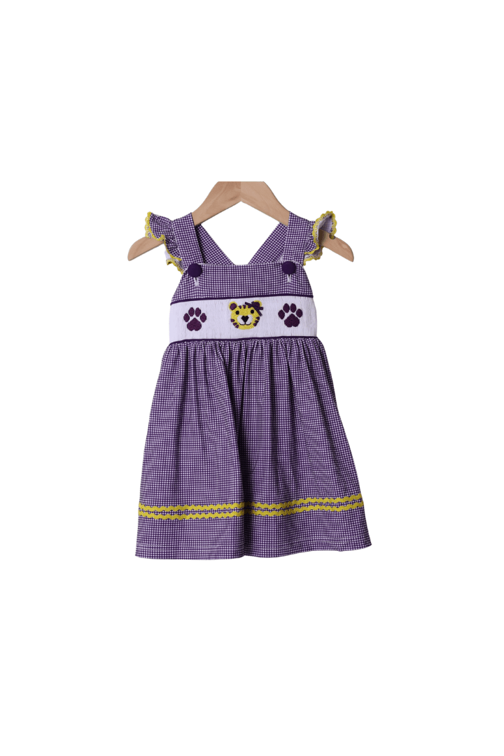The Smocked Flamingo Apparel & Accessories Smocked Purple/Gold Tiger Dress