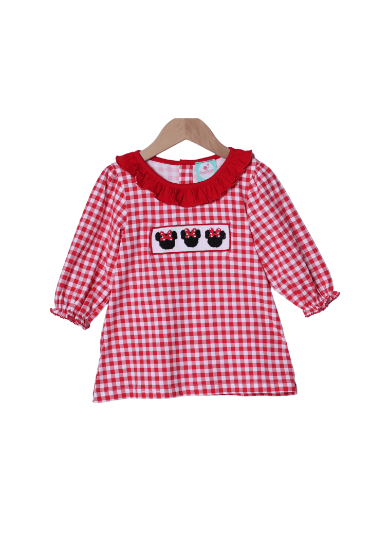 The Smocked Flamingo Apparel & Accessories Smocked Red Gingham Mouse Ruffle Long Sleeve Dress