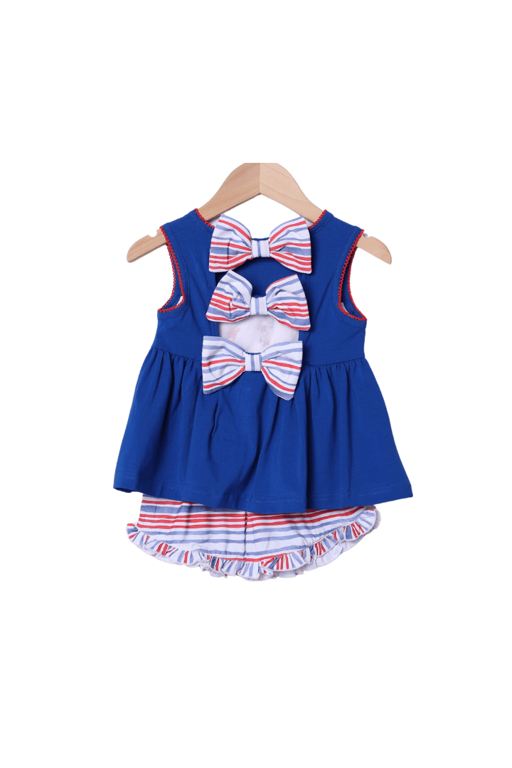 The Smocked Flamingo Apparel & Accessories Smocked Red, White and Boom Bow Short Set