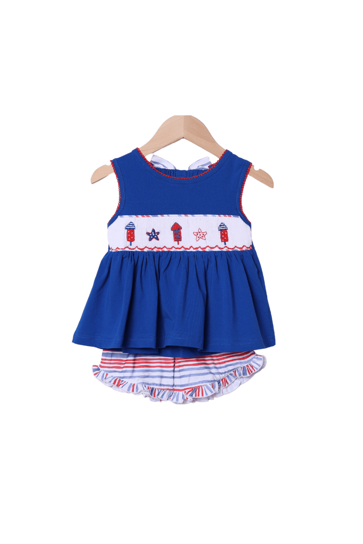 The Smocked Flamingo Apparel & Accessories Smocked Red, White and Boom Bow Short Set