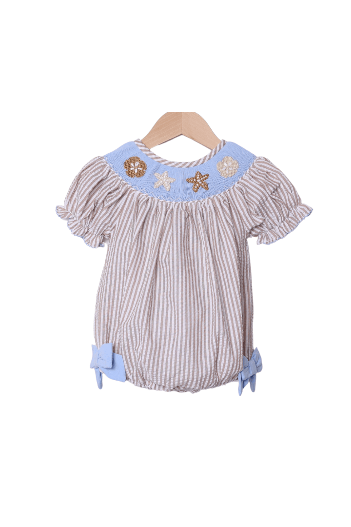 The Smocked Flamingo Apparel & Accessories Smocked Sand Dollar Blue/Khaki Seersucker Bubble