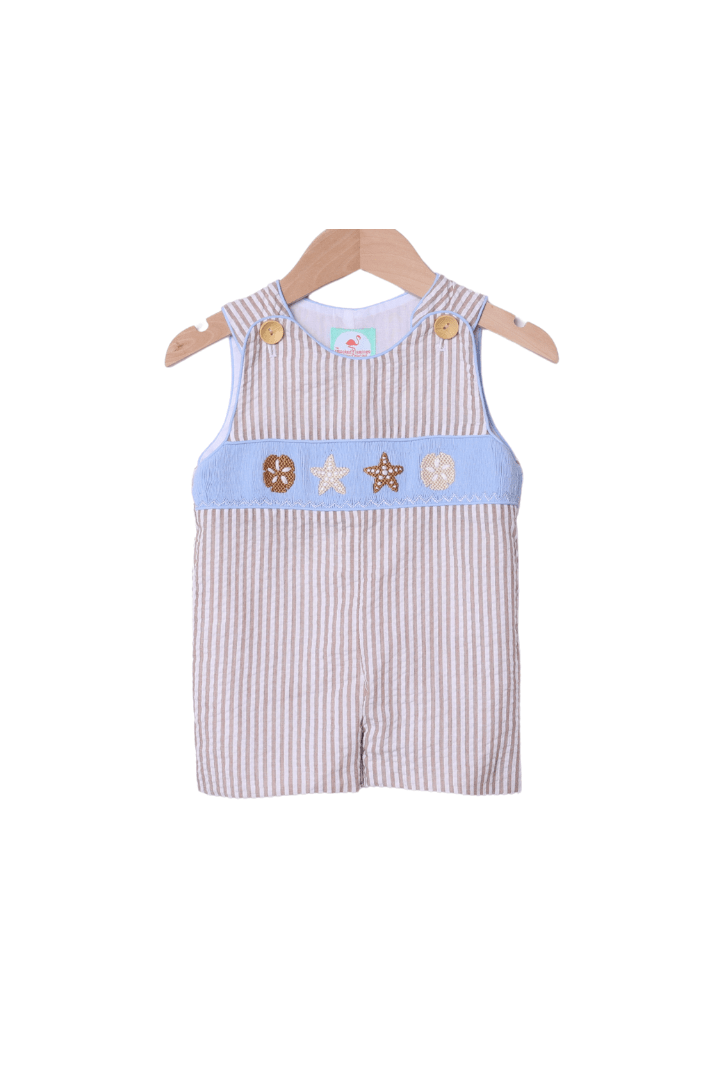 The Smocked Flamingo Apparel & Accessories Smocked Sand Dollar Blue/Khaki Seersucker Jon Jon