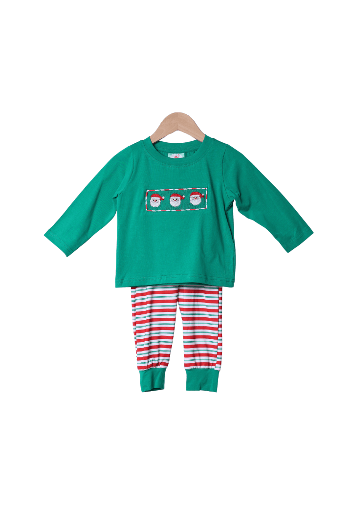 The Smocked Flamingo Apparel & Accessories Smocked Santa Green and Red Stipe Jogger Set