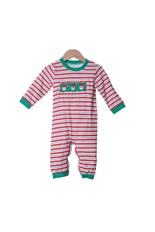 The Smocked Flamingo Apparel & Accessories Smocked Santa Green and Red Stipe Romper