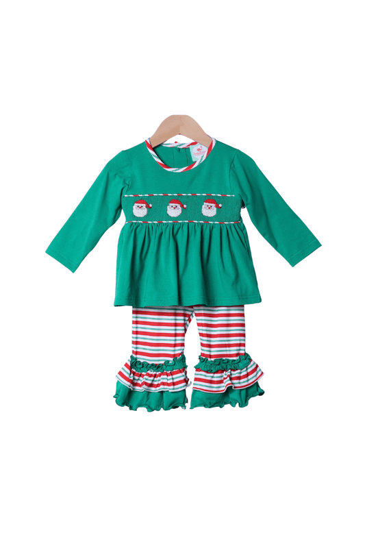 The Smocked Flamingo Apparel & Accessories Smocked Santa Green and Red Stipe Ruffle Pant Set