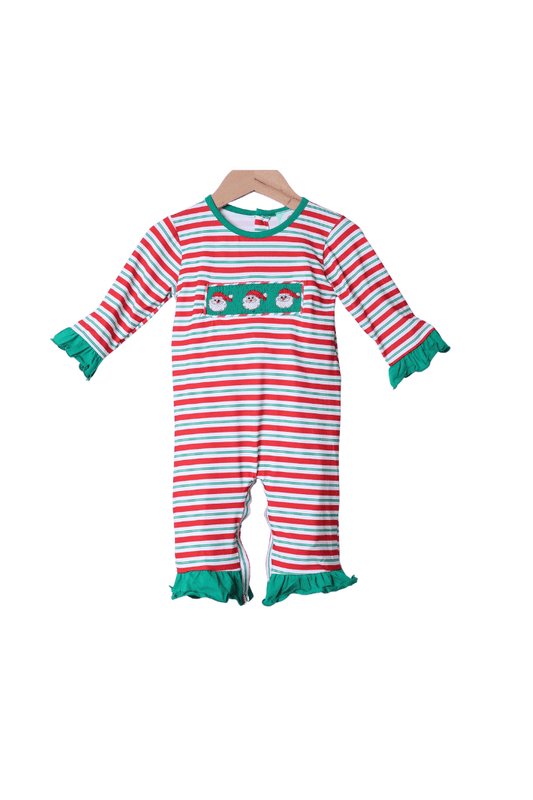 The Smocked Flamingo Apparel & Accessories Smocked Santa Green and Red Stipe Ruffle Romper