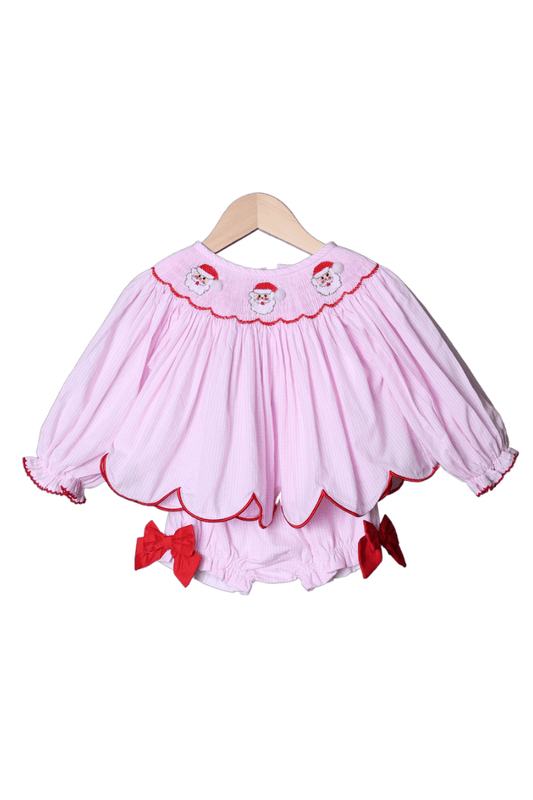 The Smocked Flamingo Apparel & Accessories Smocked Santa Pink Gingham Bloomer Set