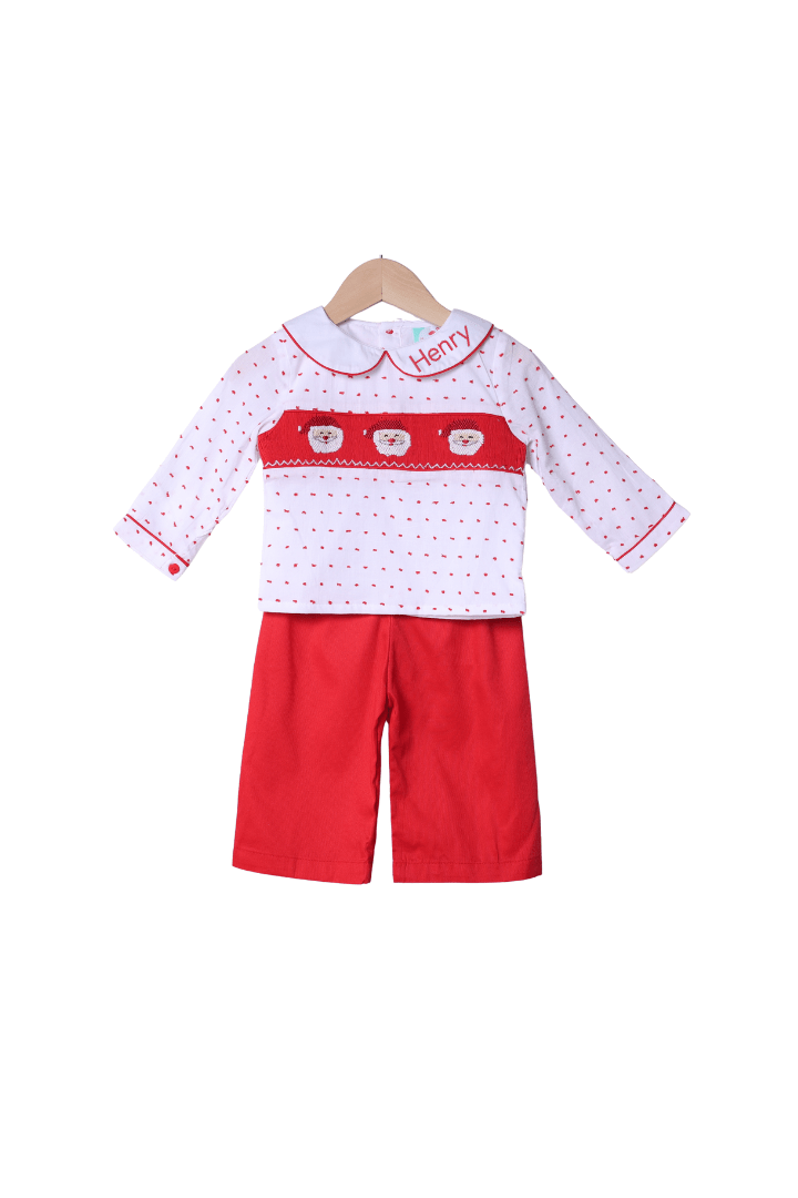 The Smocked Flamingo Apparel & Accessories Smocked Santa Red Swiss Dot Pant Set