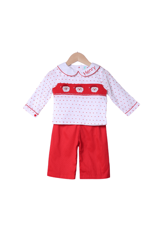 The Smocked Flamingo Apparel & Accessories Smocked Santa Red Swiss Dot Pant Set