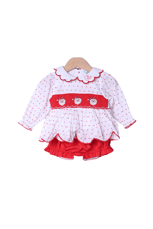 The Smocked Flamingo Apparel & Accessories Smocked Santa Red Swiss Dot Scalloped Bloomer Set